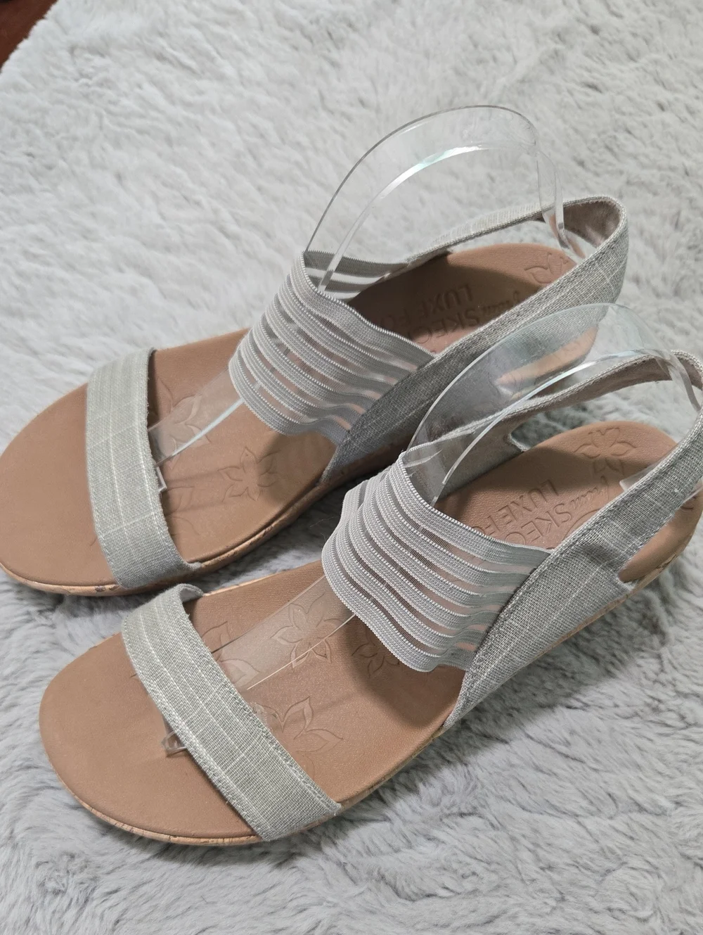 Skechers Beverlee Smitten cork wedge sandals stretch slingback strap size 9.5W